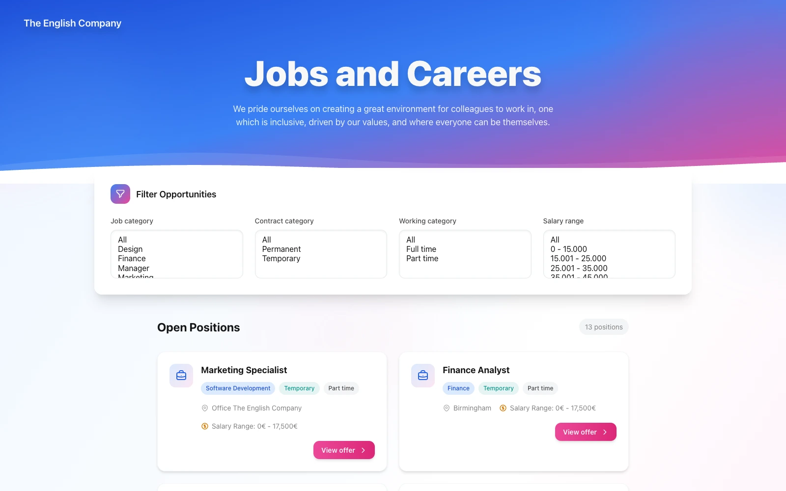 Public job postings page with search bar