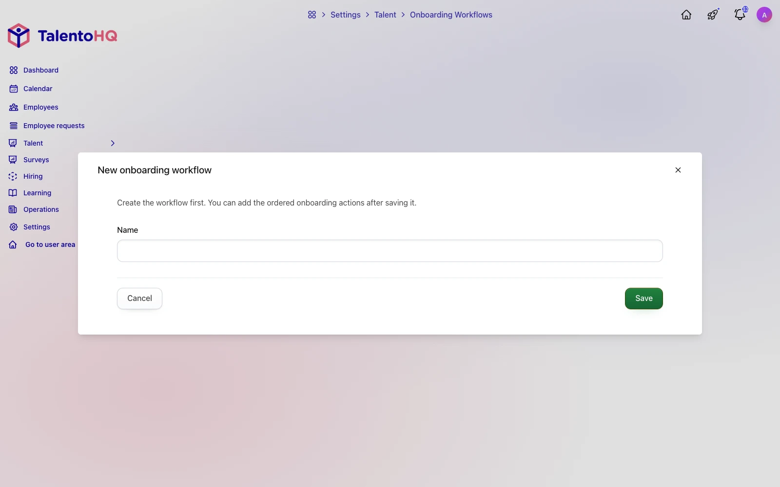 English TalentoHQ screen for creating an employee onboarding process