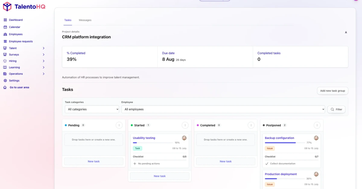 Project and task management in TalentoHQ in English