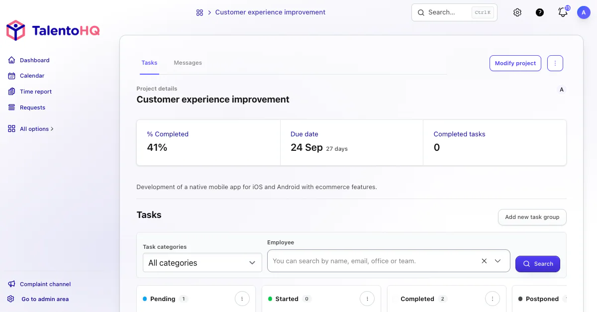 English TalentoHQ project board with task status, progress, owners, and checklists