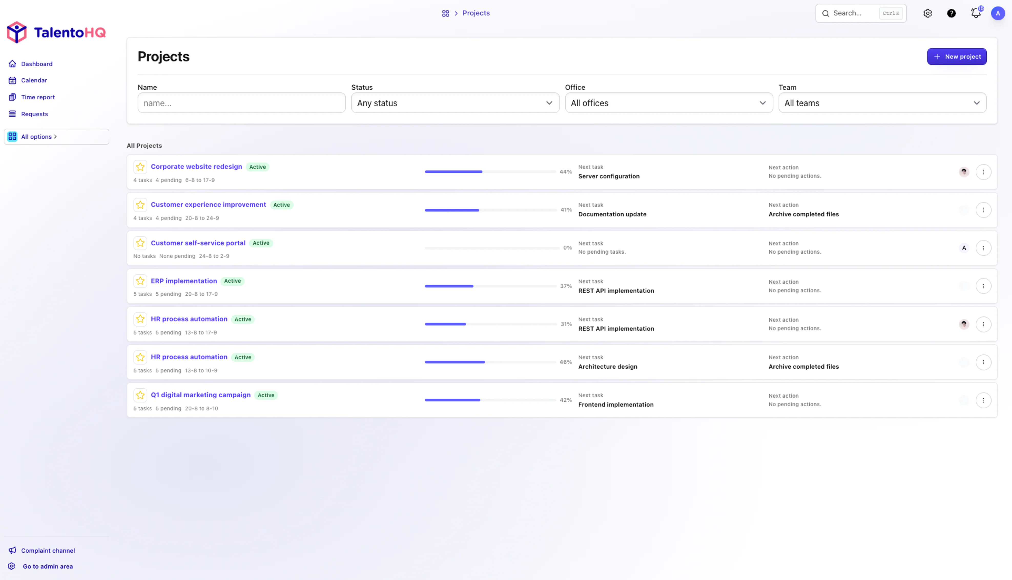 Projects overview in TalentoHQ in English