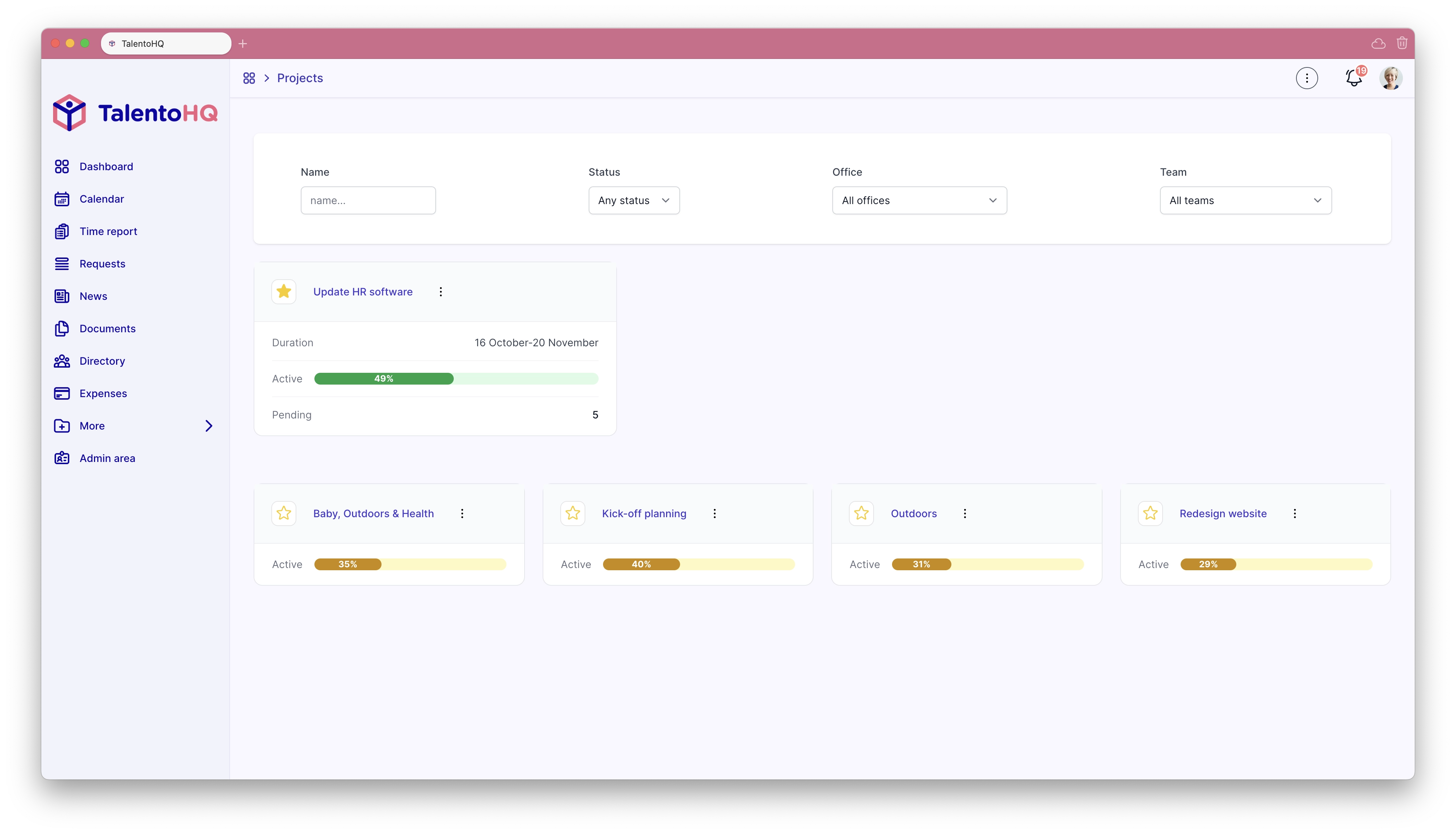 Projects overview in TalentoHQ in English