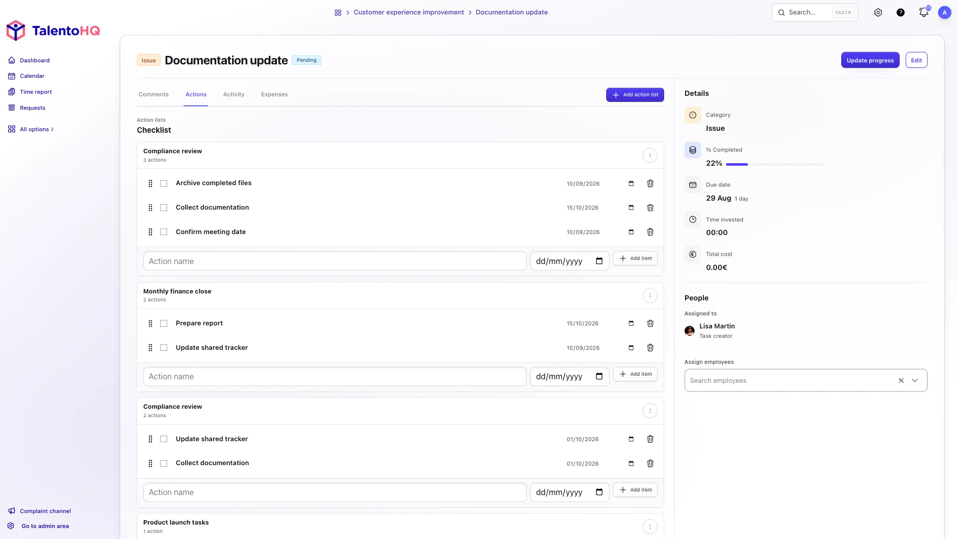 Task actions in TalentoHQ