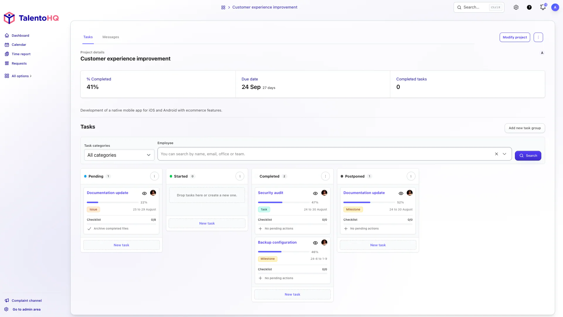 Project task board in TalentoHQ