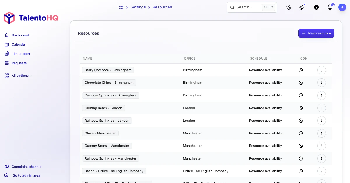 English shared-resource management screen in TalentoHQ