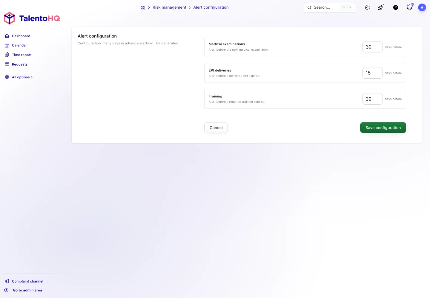 TalentoHQ lead-time settings for medical examinations, PPE, and prevention training