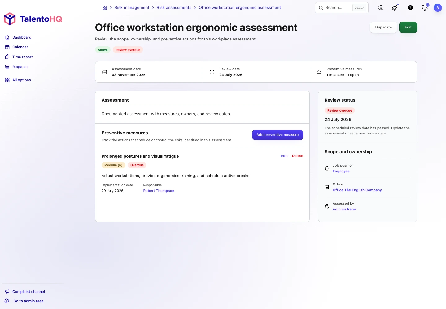 TalentoHQ risk assessment and preventive measure that lead to protective-equipment follow-up