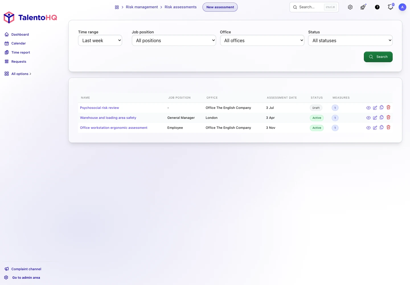 Risk assessments recorded in TalentoHQ with position, office, status, and measures