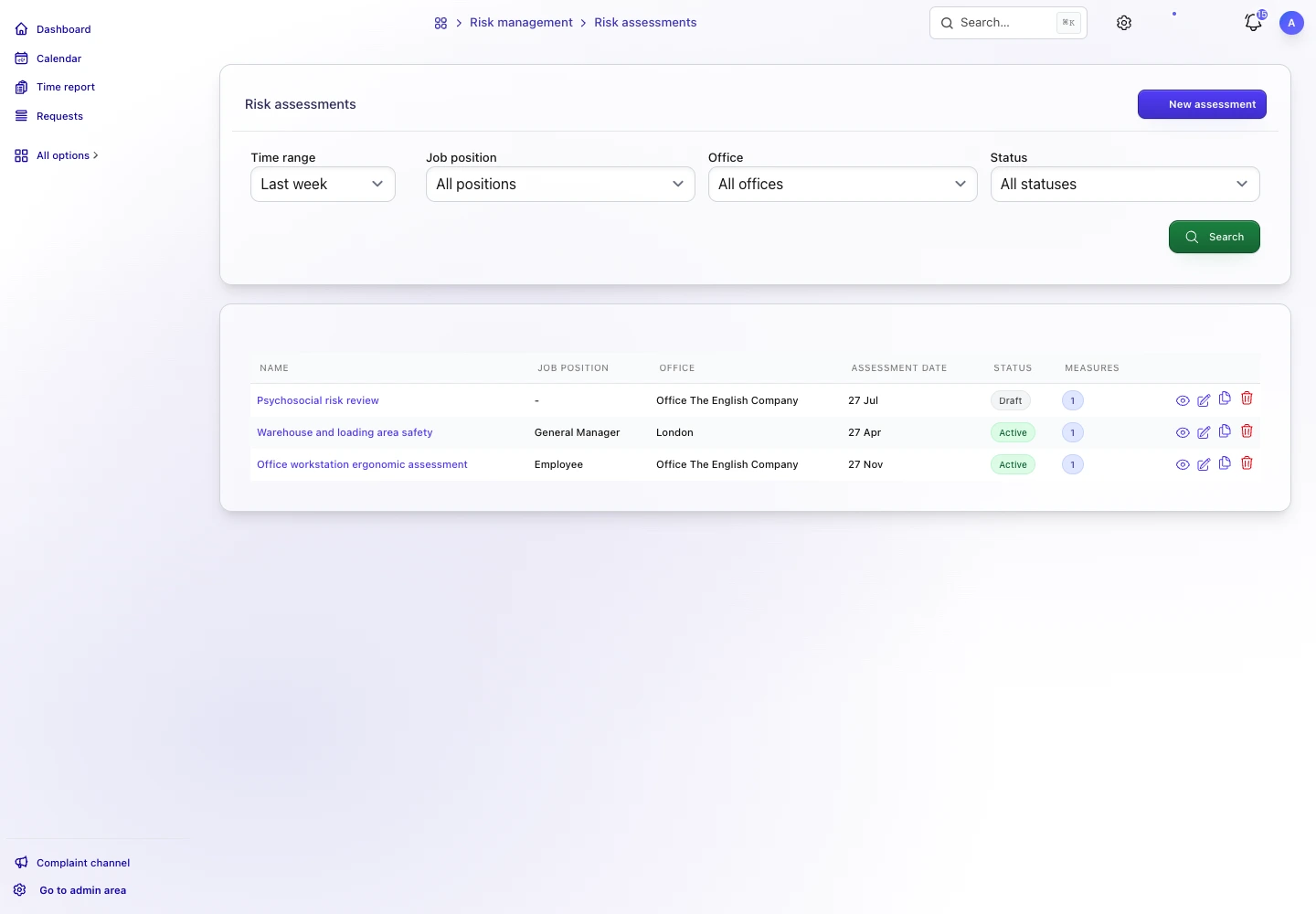 Risk assessments recorded in TalentoHQ with position, office, status, and measures