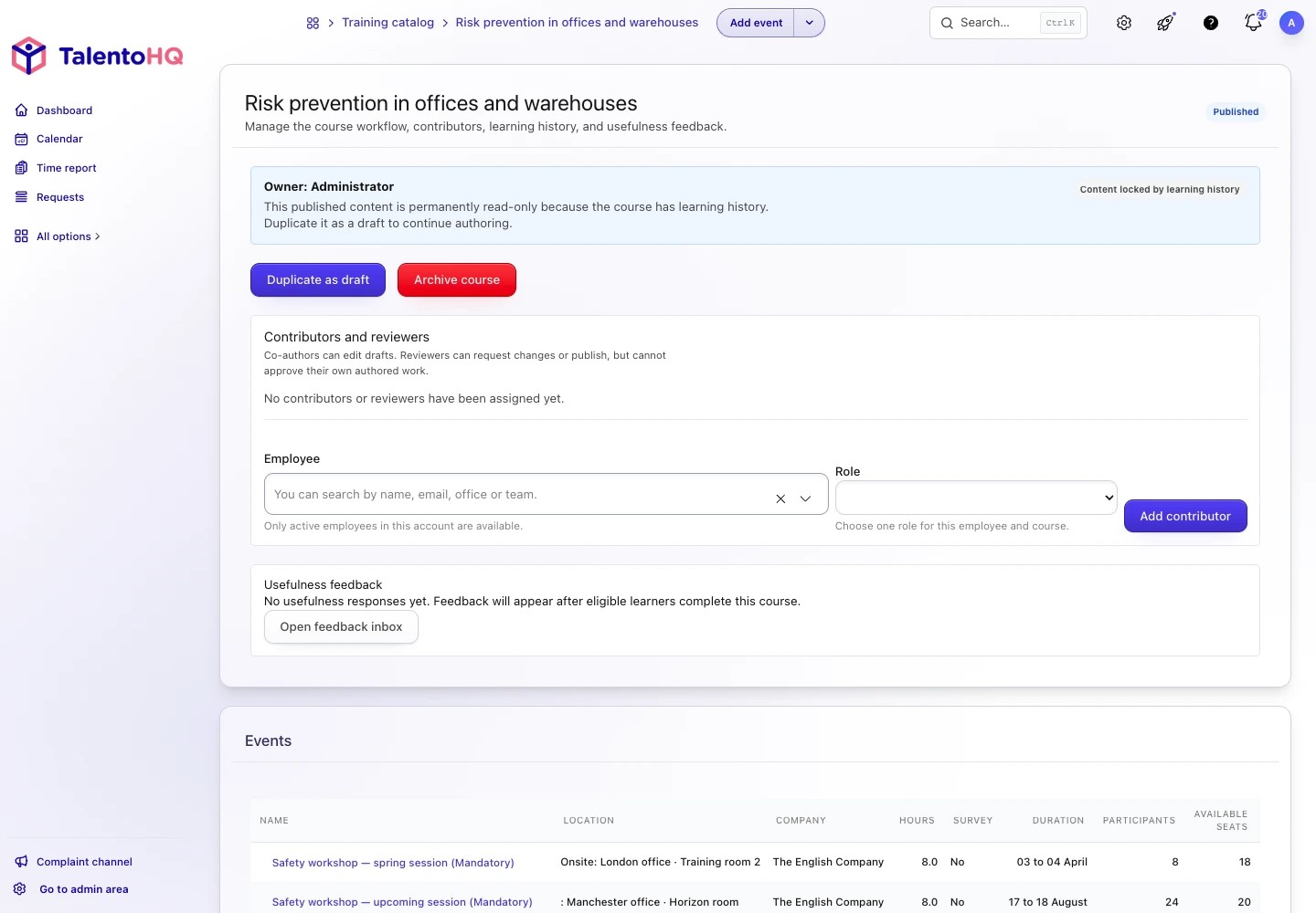 TalentoHQ prevention training details with sessions and participants