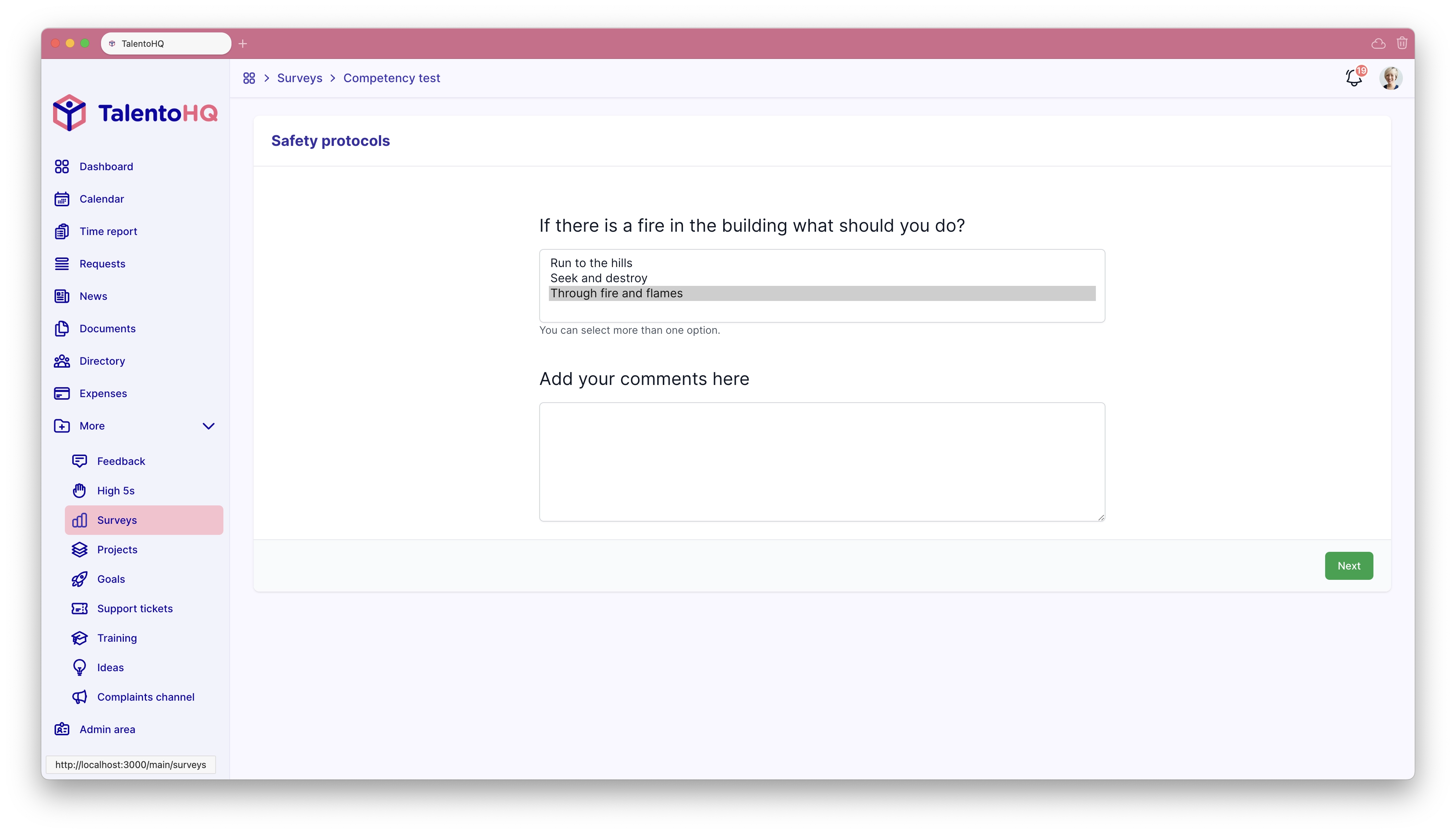 Employee answering a survey in TalentoHQ
