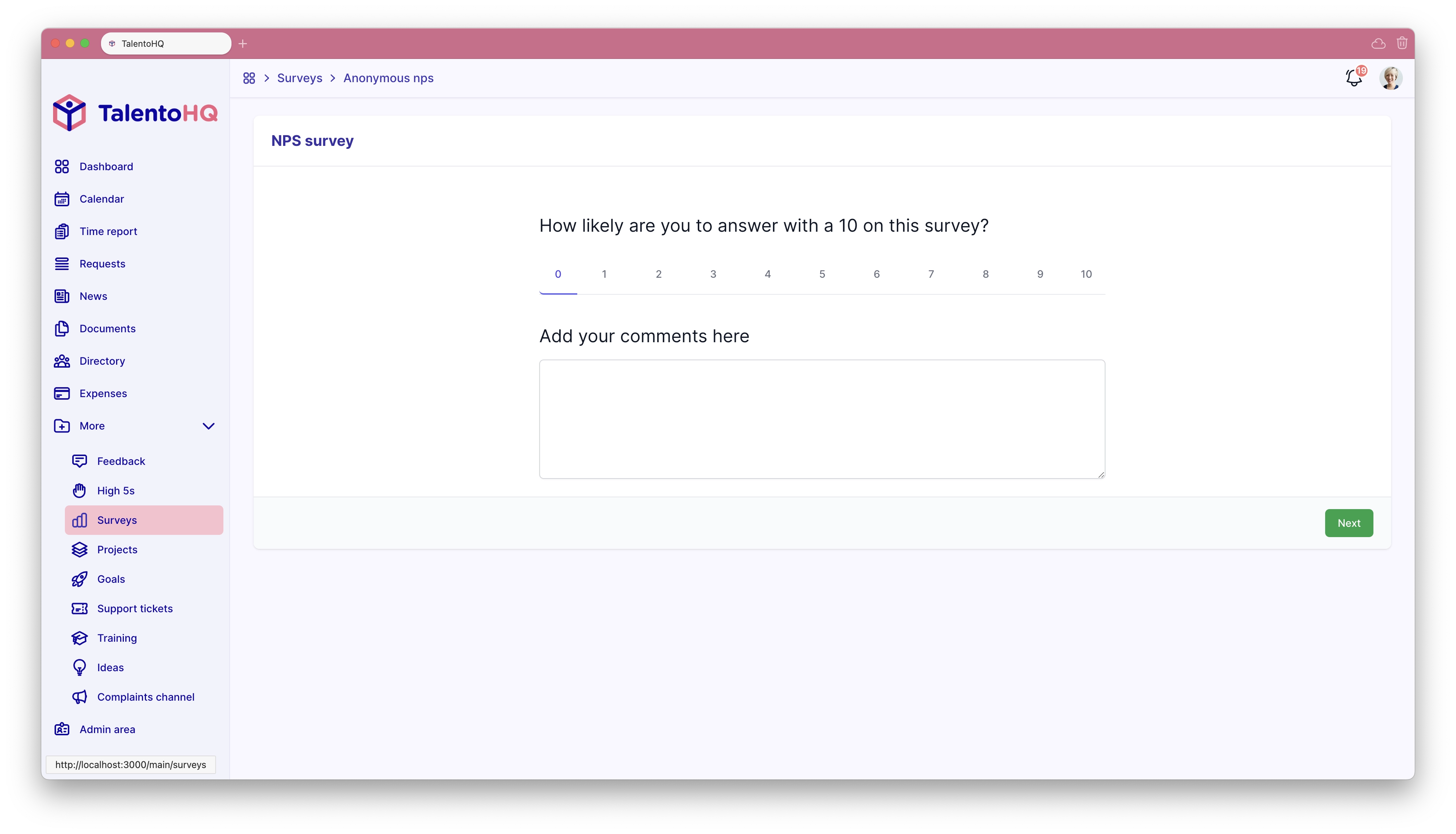 NPS survey in TalentoHQ