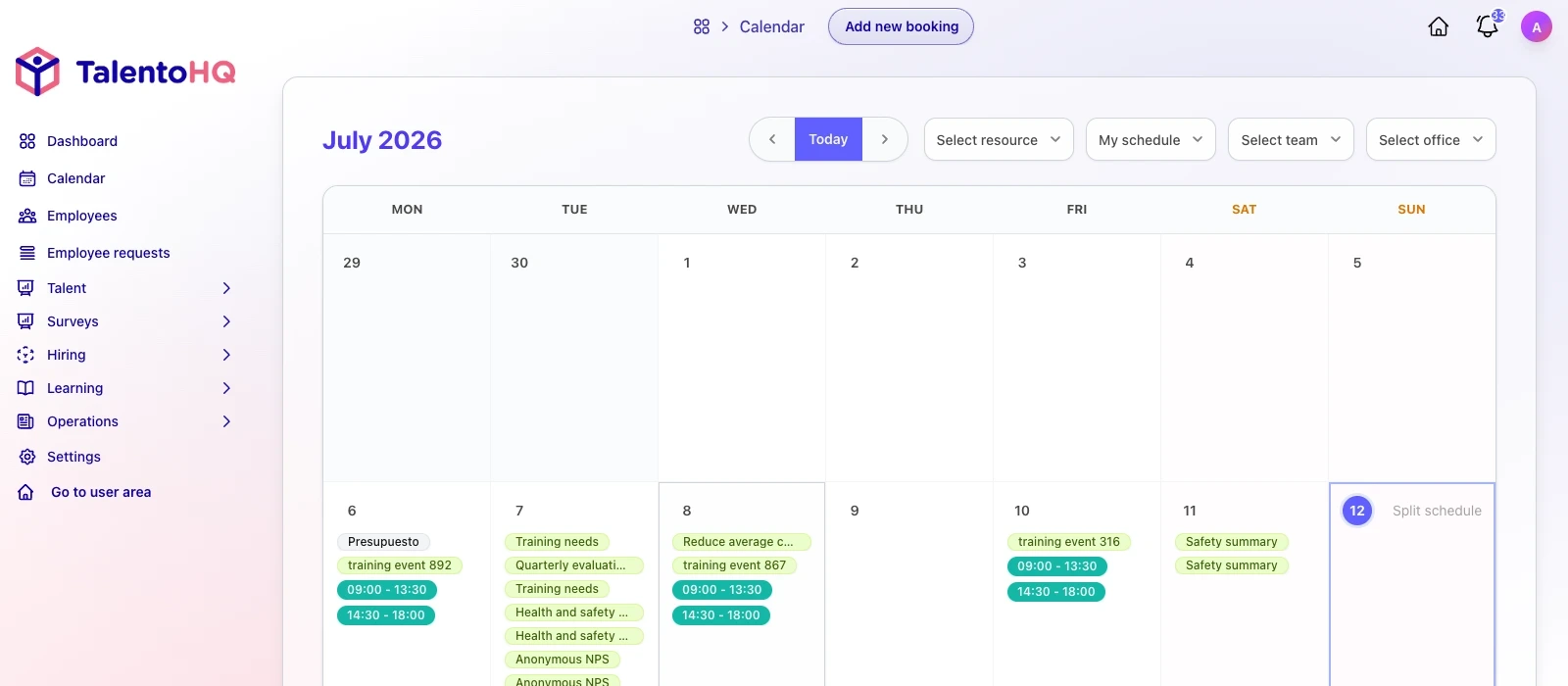 Goals and follow-up in the TalentoHQ calendar
