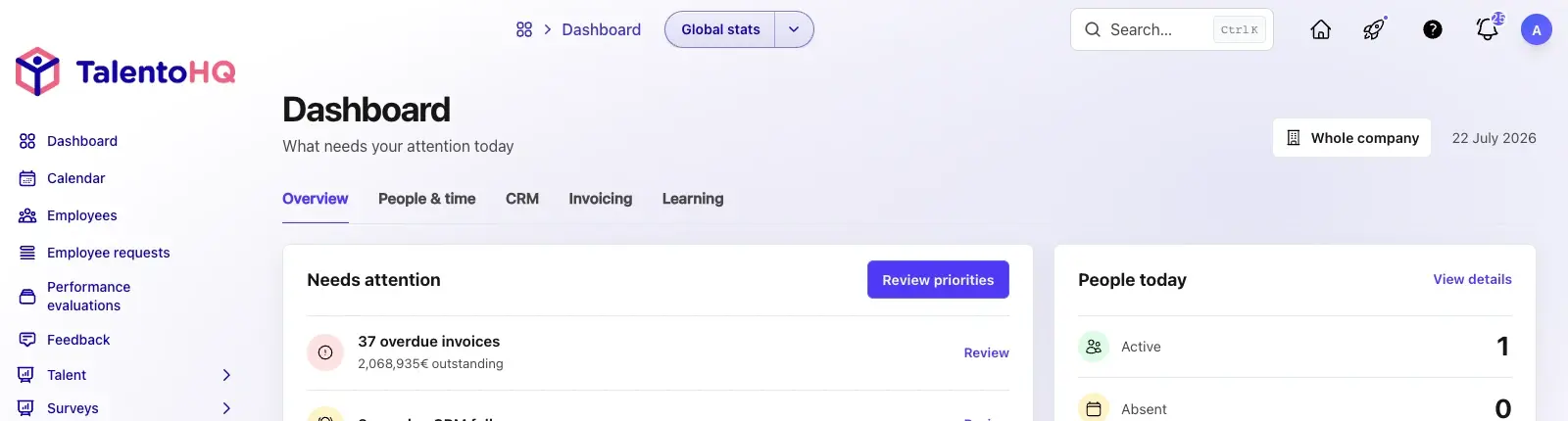 English TalentoHQ dashboard with connected business areas