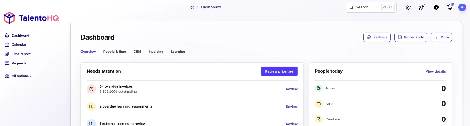 English TalentoHQ dashboard with HR features