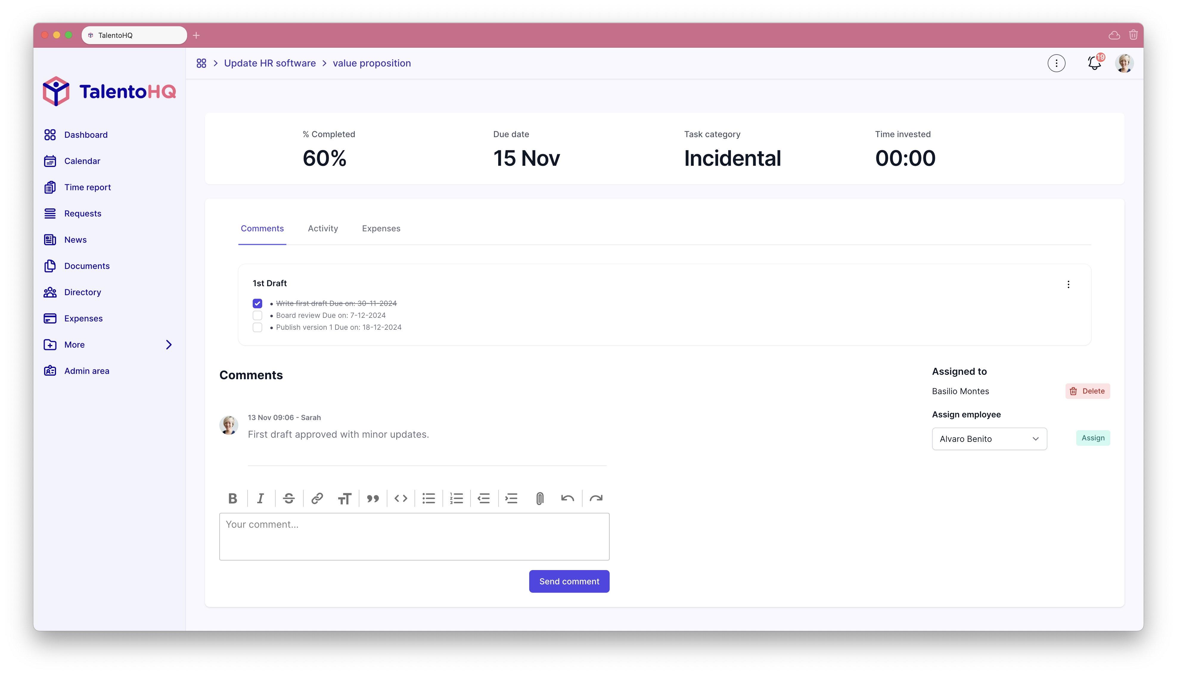 Task follow-up in TalentoHQ