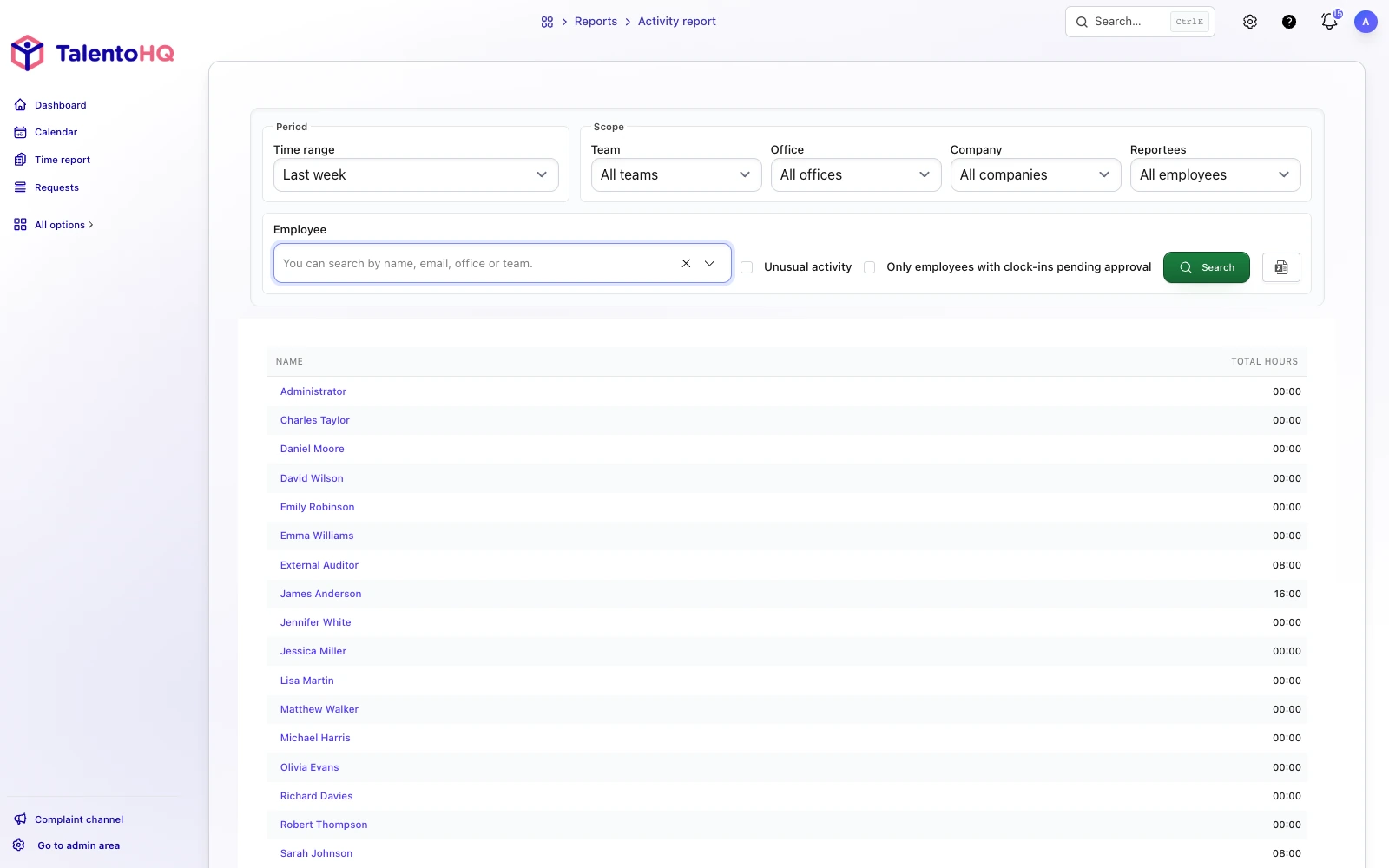 Time and attendance dashboard in TalentoHQ
