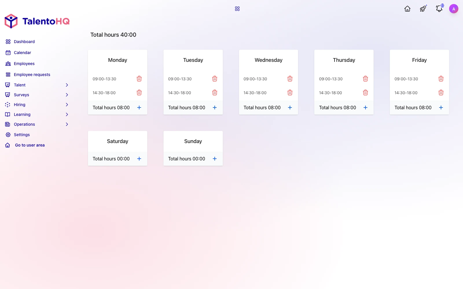 Weekly cleaning team schedule in TalentoHQ in English