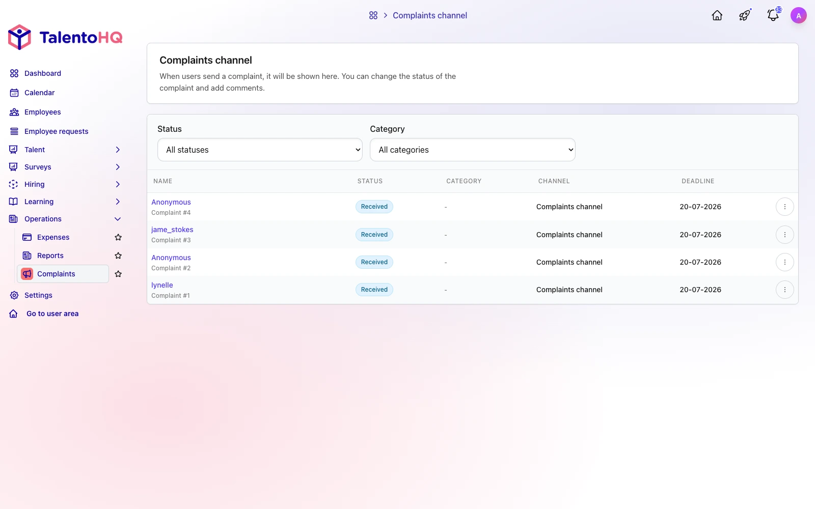 Whistleblowing channel form in TalentoHQ in English