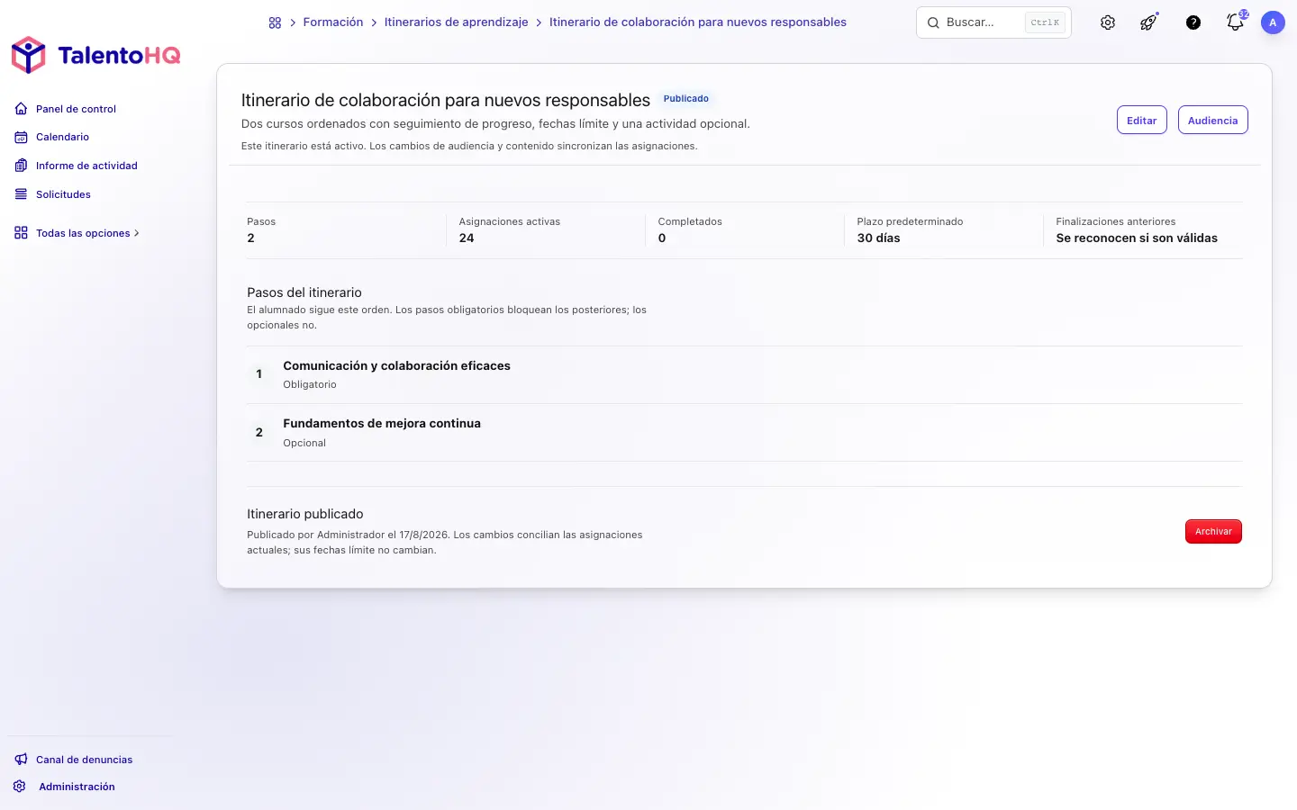 Configuración de un itinerario de aprendizaje publicado en TalentoHQ con dos cursos ordenados, plazo y reconocimiento de finalizaciones anteriores