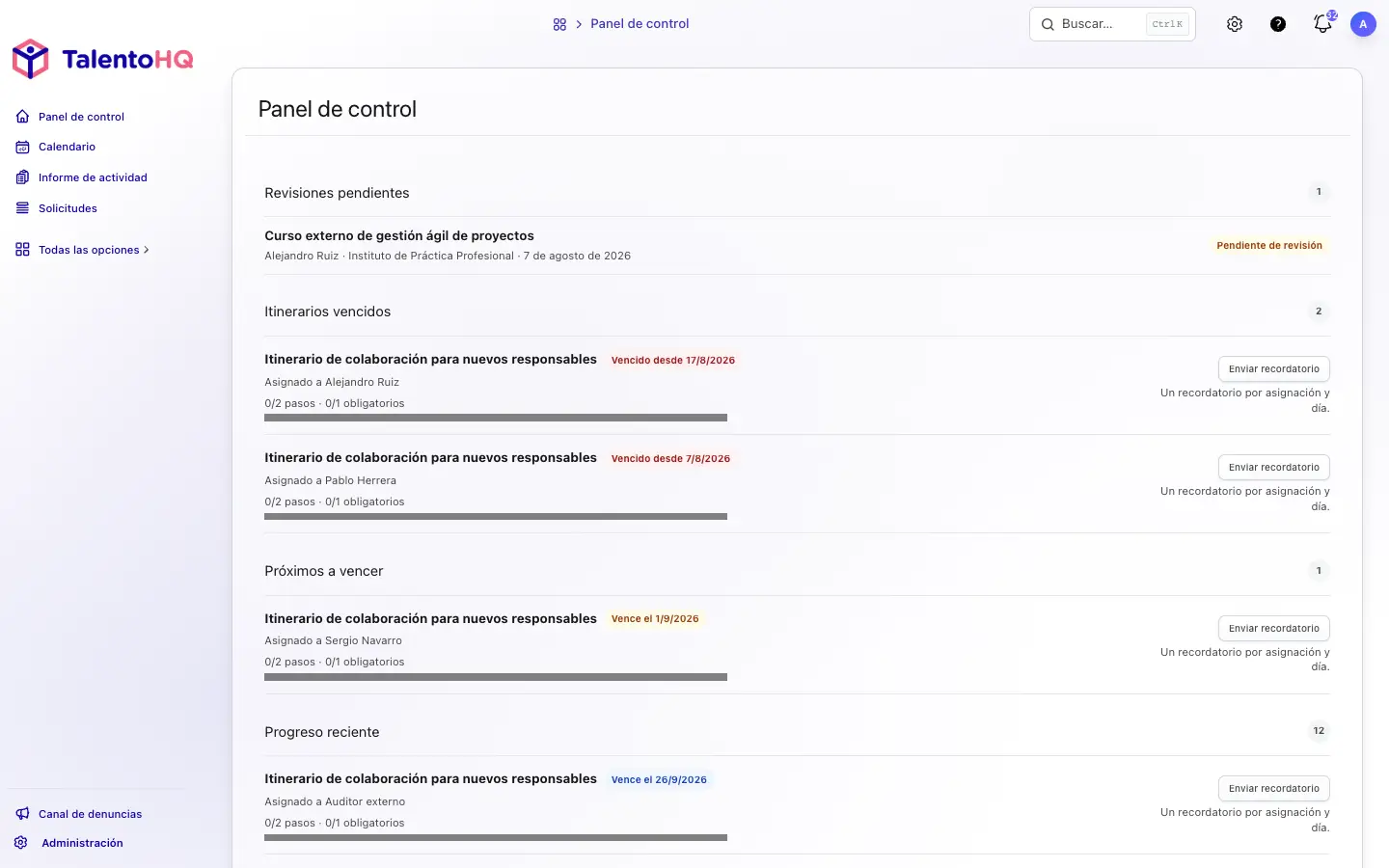Panel del responsable en TalentoHQ con itinerarios vencidos, próximos a vencer, progreso reciente y recordatorios