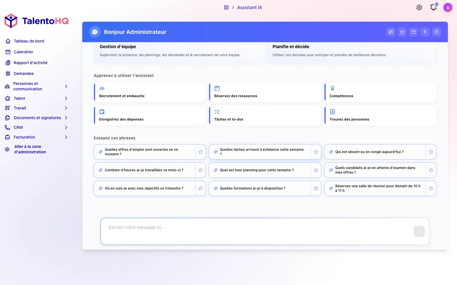 Assistant IA TalentoHQ avec thèmes RH et exemples de requêtes