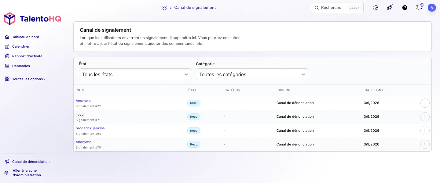 Liste interne des signalements dans TalentoHQ