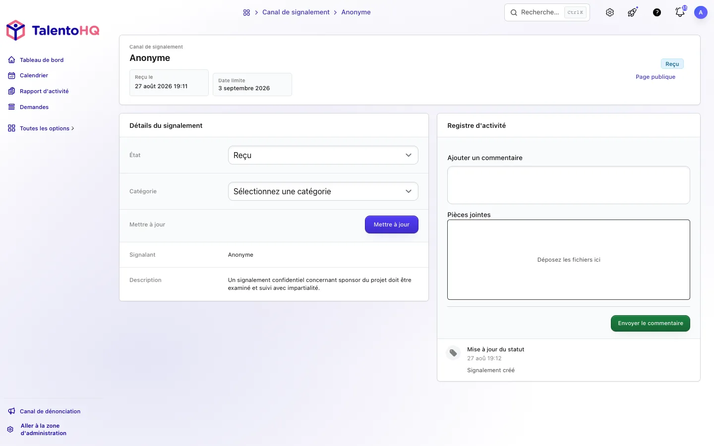 Dossier interne d’un signalement dans TalentoHQ en français