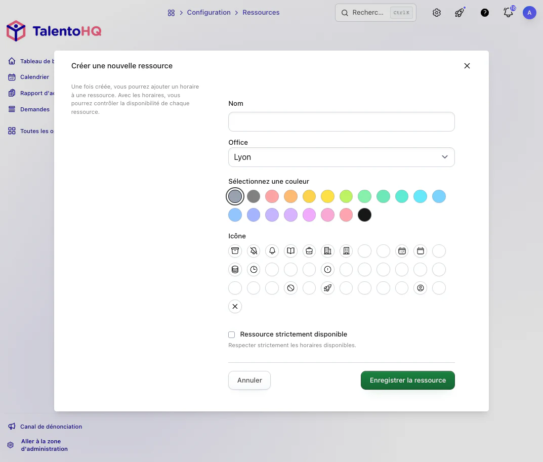 Calendrier de réservations pour un centre médical dans TalentoHQ