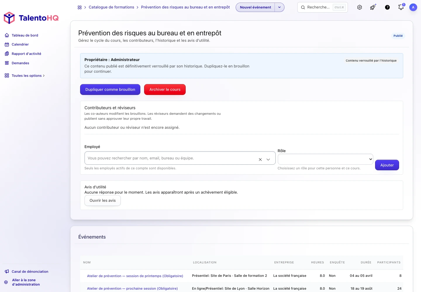 Détail d’une formation à la prévention dans TalentoHQ avec sessions et participants