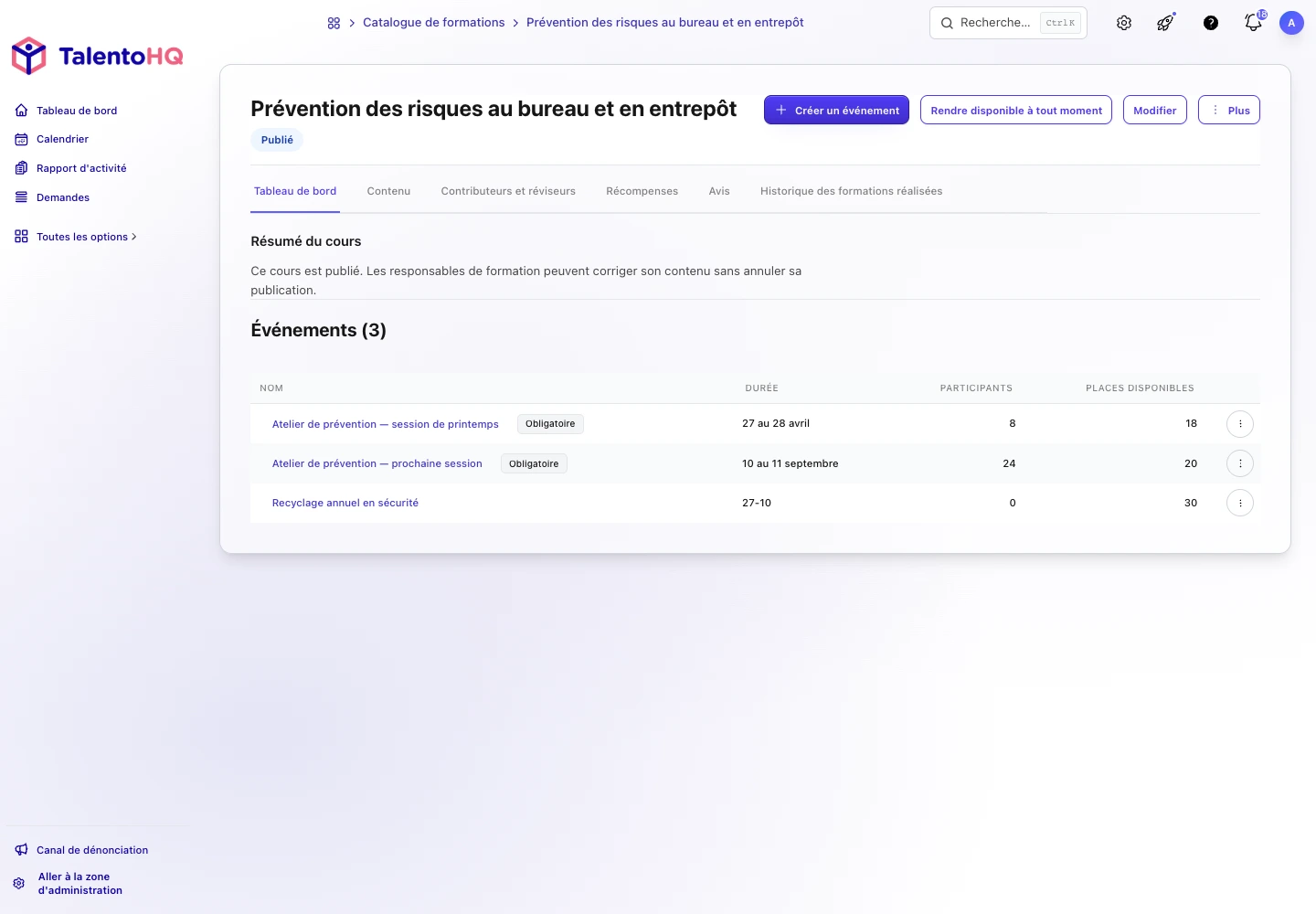 Formation à la prévention dans TalentoHQ avec sessions, participants et suivi du cours