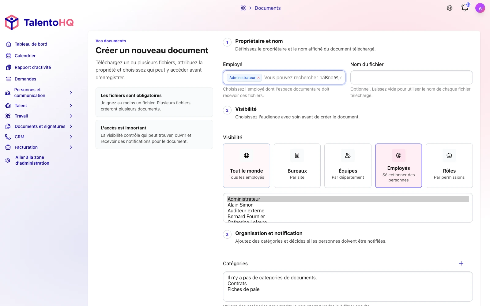 Formulaire TalentoHQ en français pour ajouter un document avec propriétaire, visibilité et catégorie