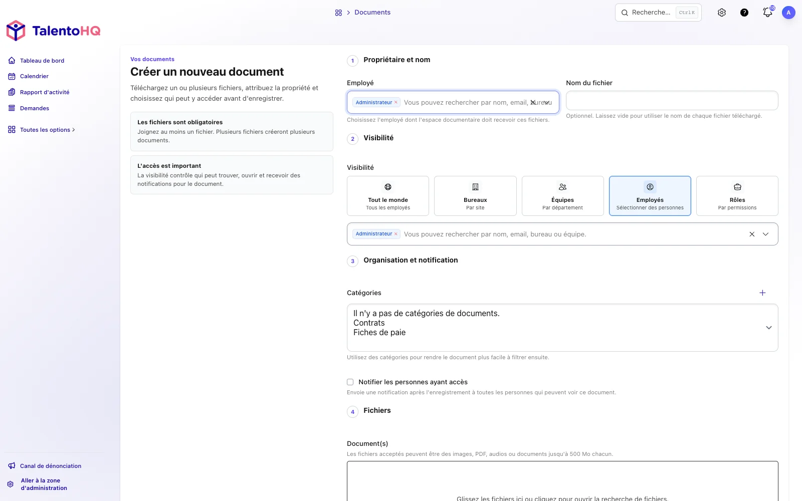 Formulaire TalentoHQ en français pour ajouter un document avec propriétaire, visibilité et catégorie