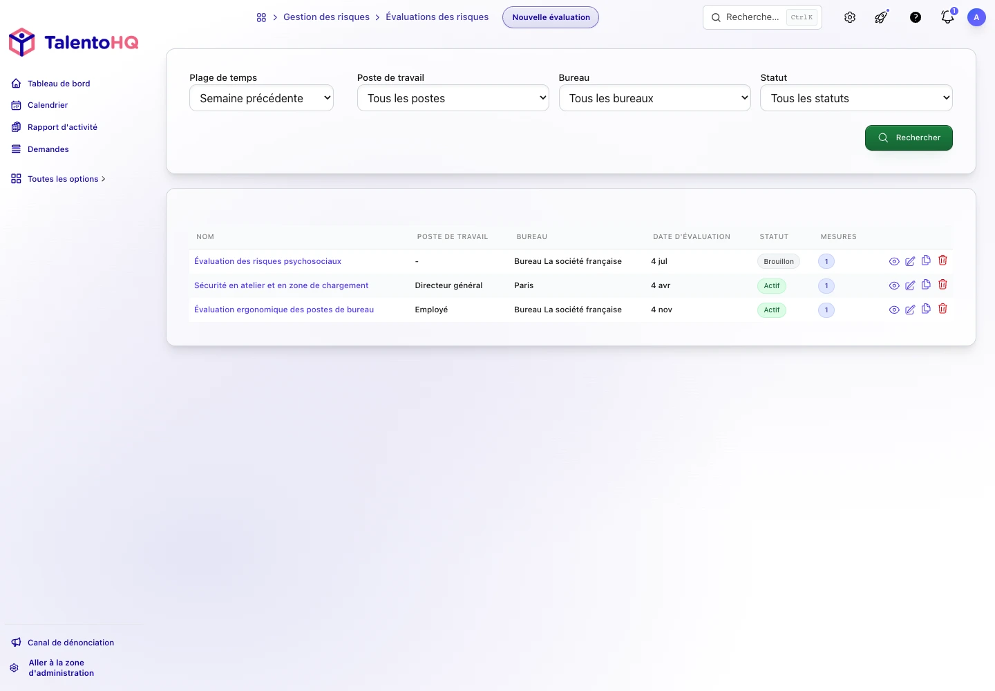 Évaluations des risques enregistrées dans TalentoHQ avec poste, site, statut et mesures