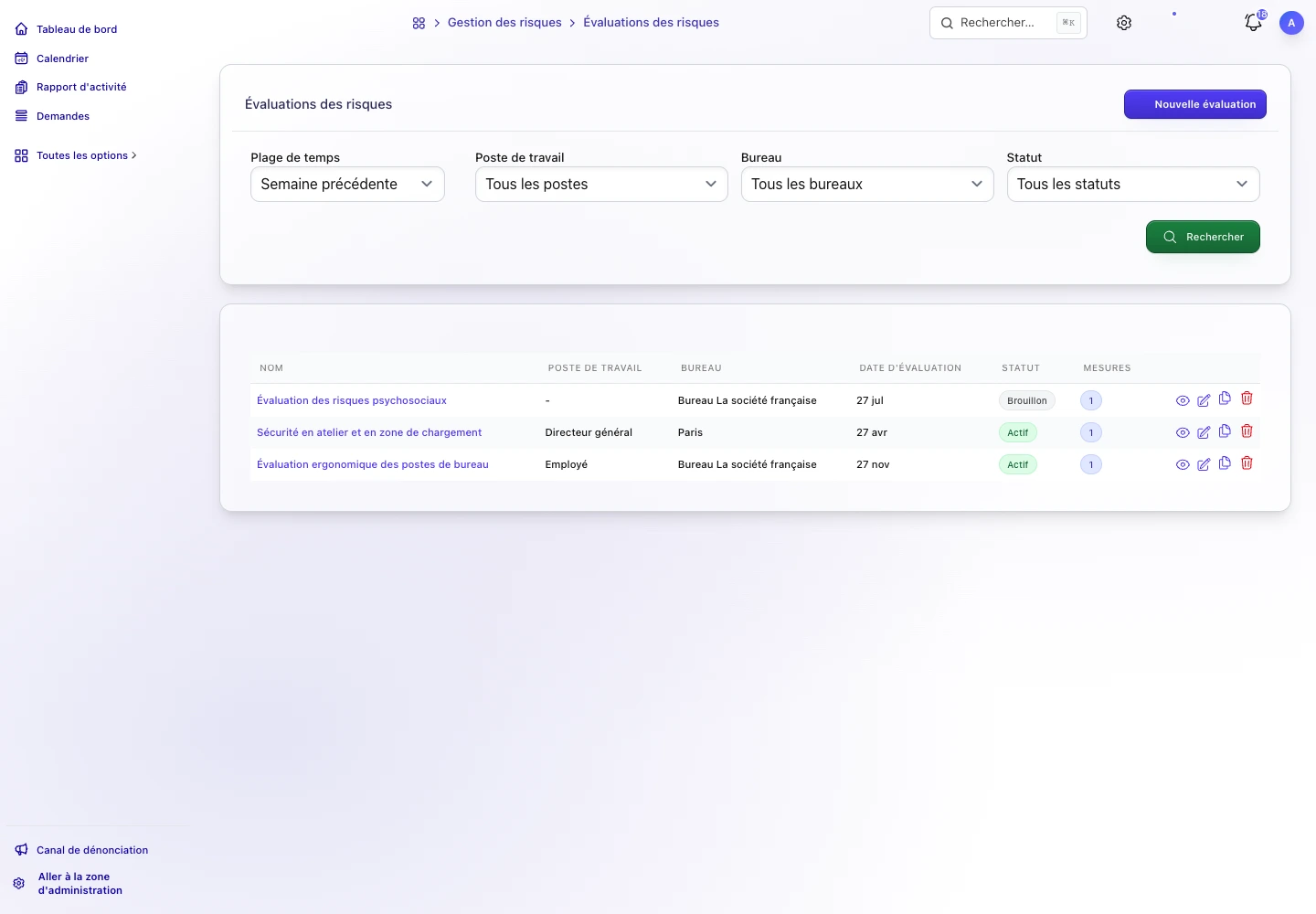 Liste des évaluations des risques dans TalentoHQ par poste, site, statut et nombre de mesures