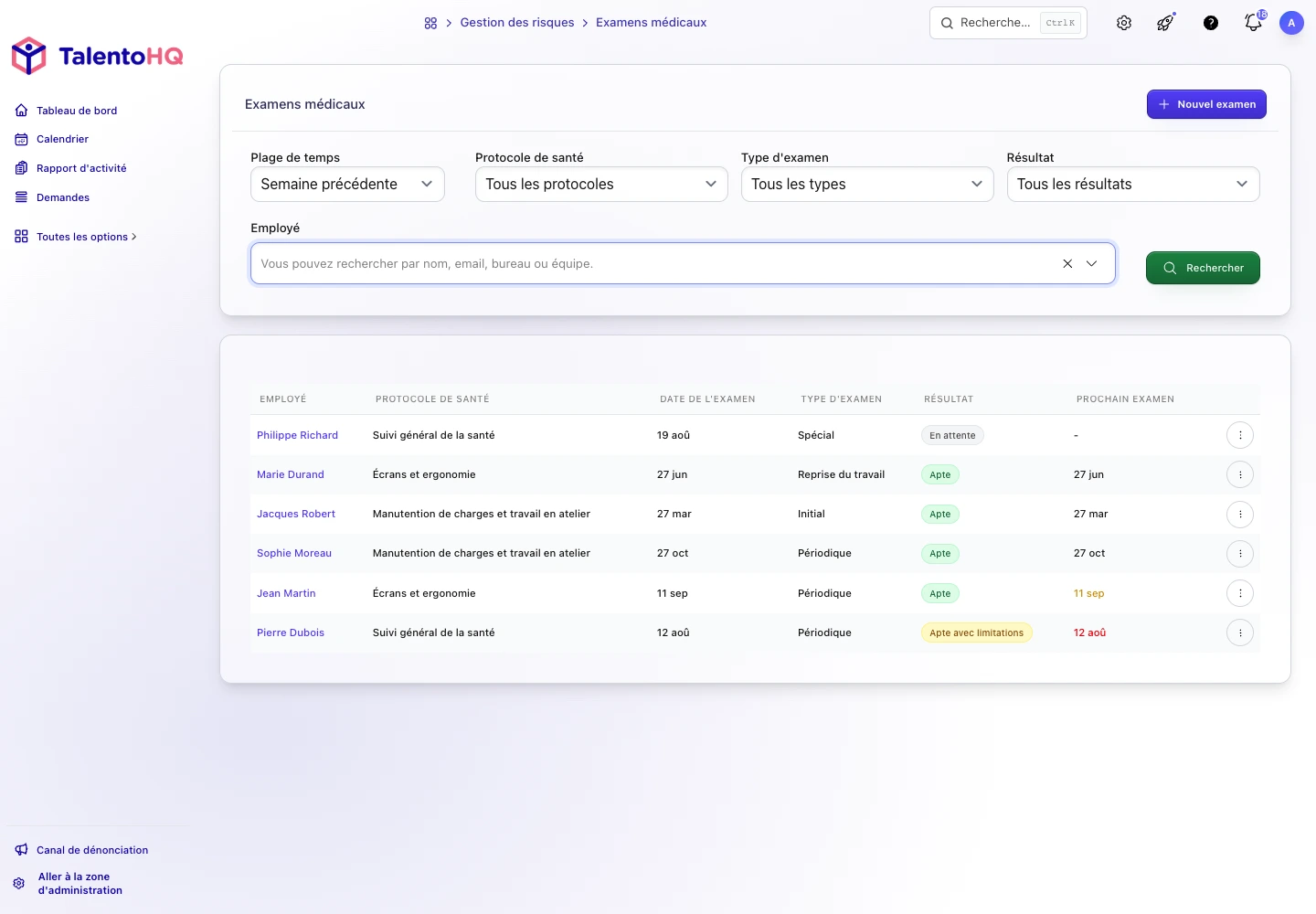 Liste des examens médicaux du travail dans TalentoHQ avec protocole, aptitude et prochaine date