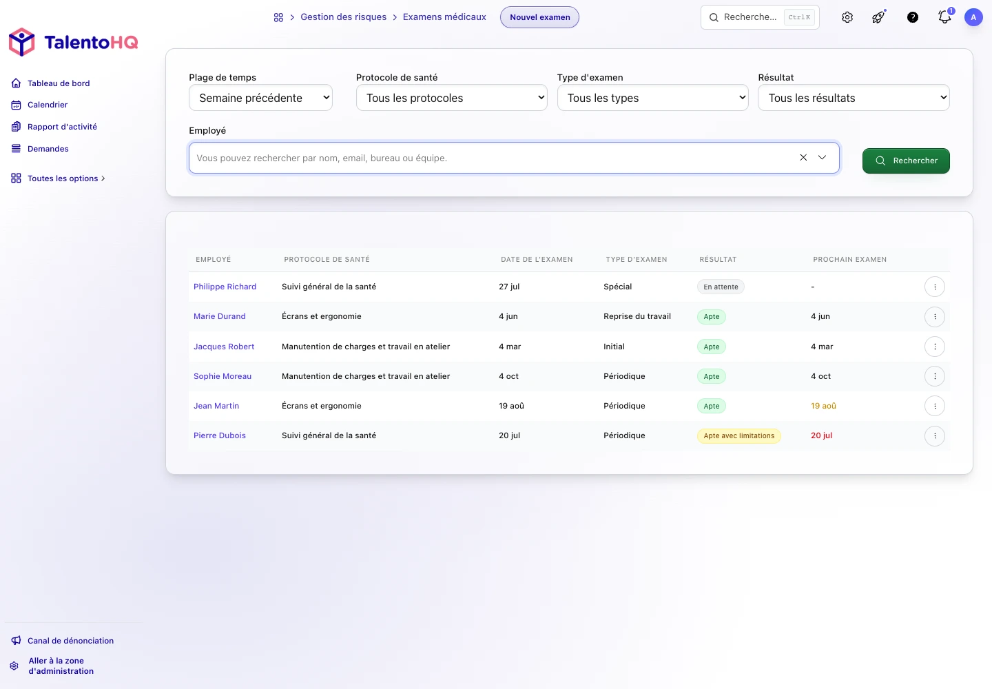 Liste des examens médicaux du travail dans TalentoHQ avec protocole, aptitude et prochaine date