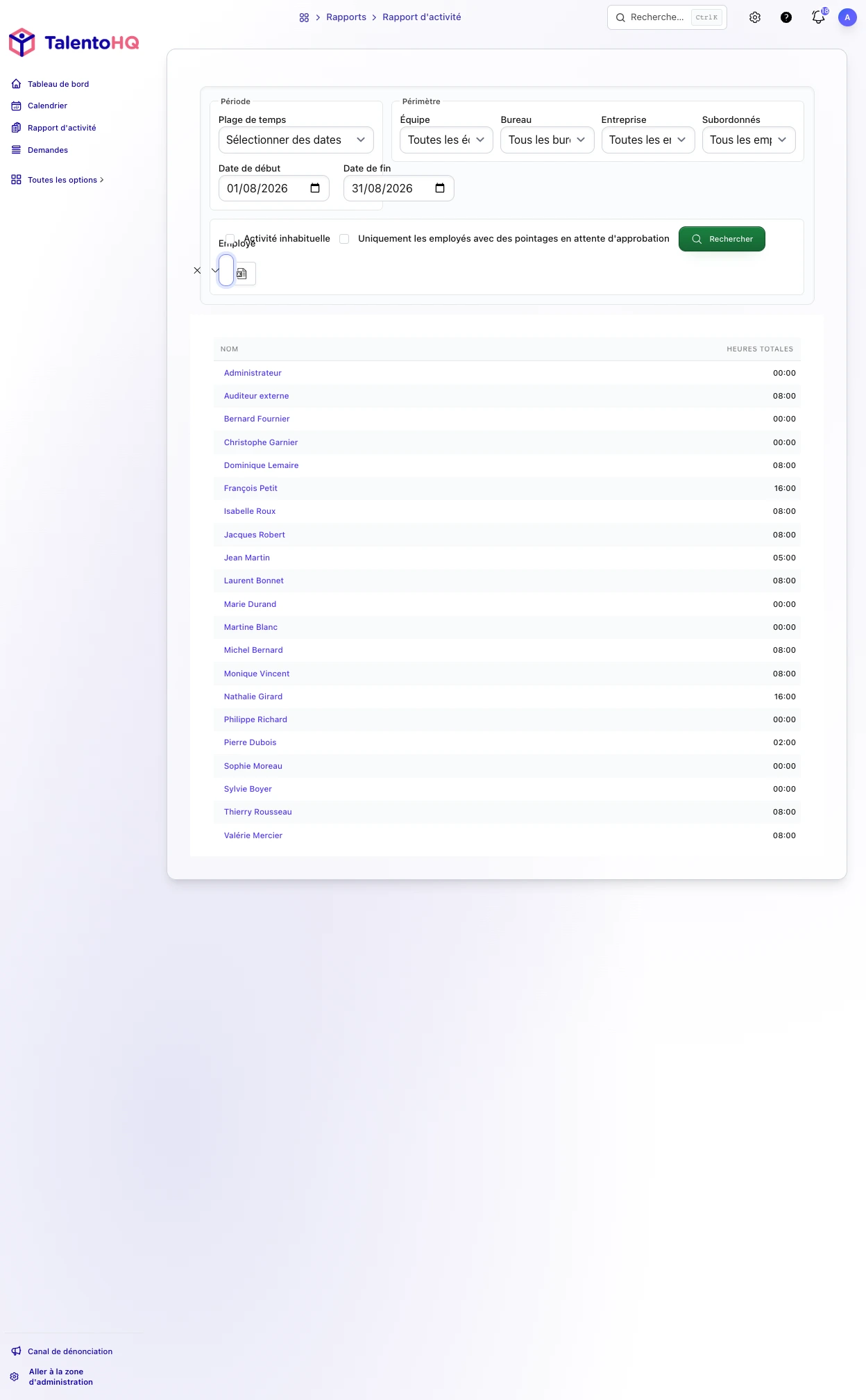 Pointages d’un collaborateur dans TalentoHQ
