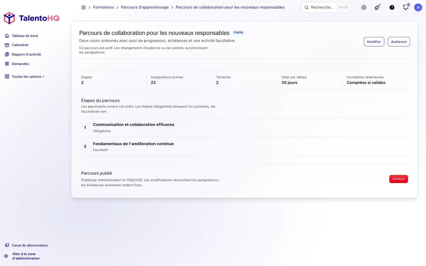 Configuration d’un parcours publié dans TalentoHQ avec deux cours ordonnés, une échéance et la prise en compte de formations antérieures