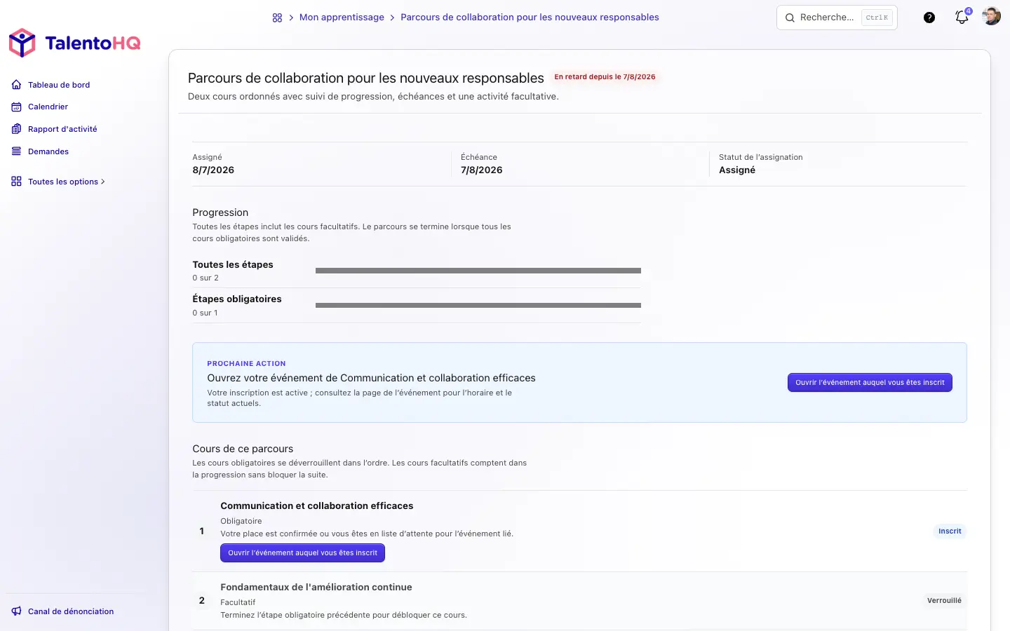 Parcours d’apprentissage vu par un collaborateur dans TalentoHQ avec échéance, progression, prochaine action et cours bloqué