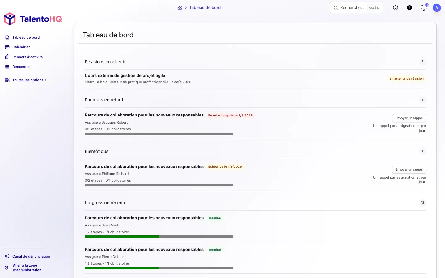 Tableau TalentoHQ du responsable avec parcours en retard, échéances proches, progression récente et relances