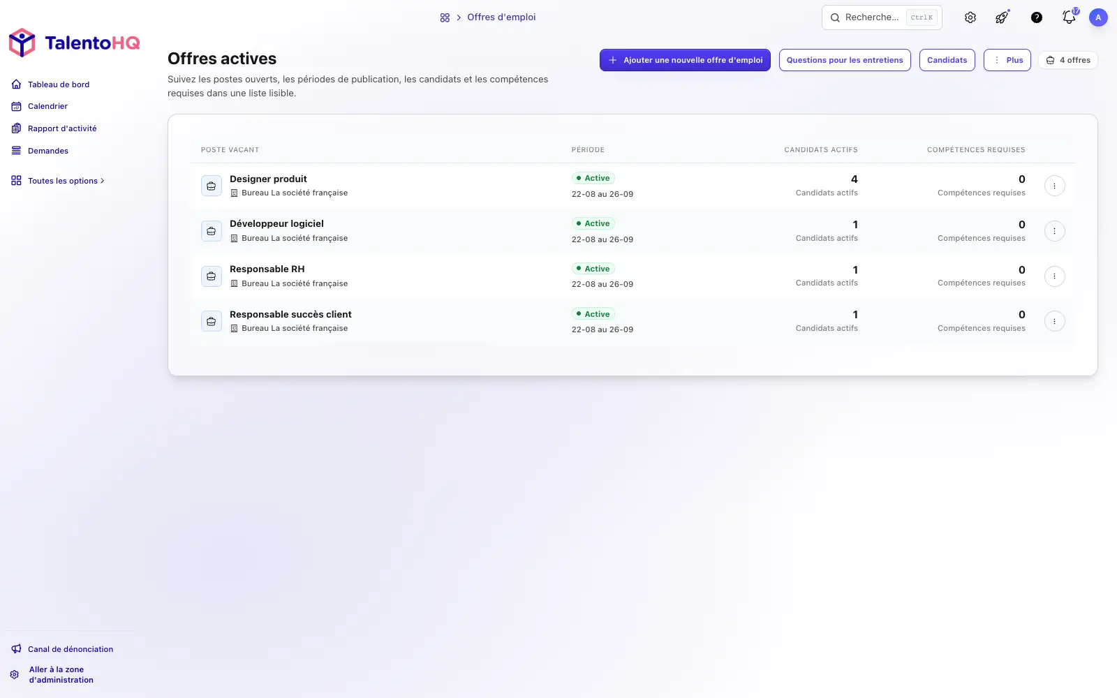 Offres d’emploi et candidatures dans l’interface française de TalentoHQ