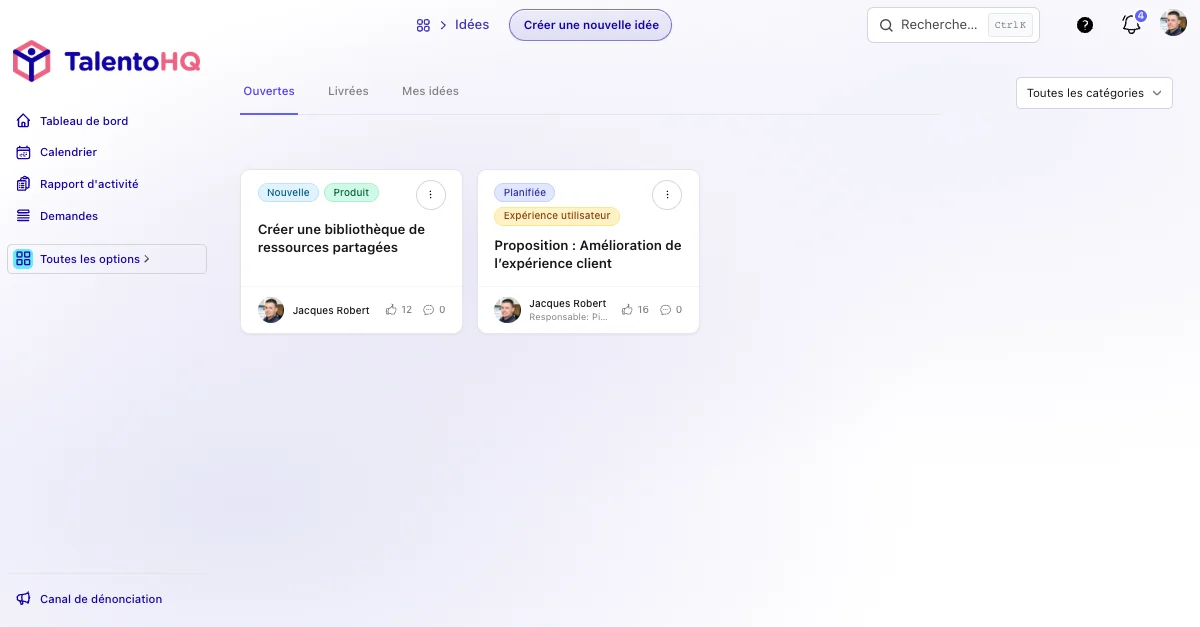 Boîte à idées des collaborateurs dans TalentoHQ