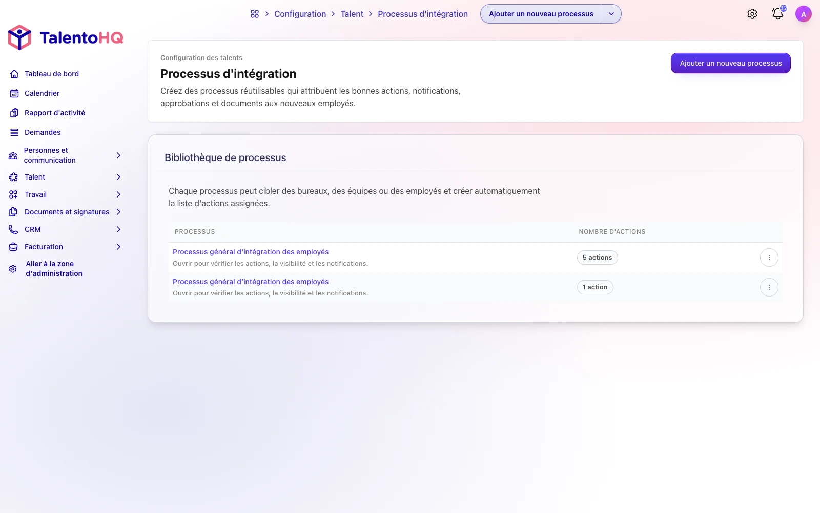Parcours d’onboarding avec tâches et progression dans TalentoHQ