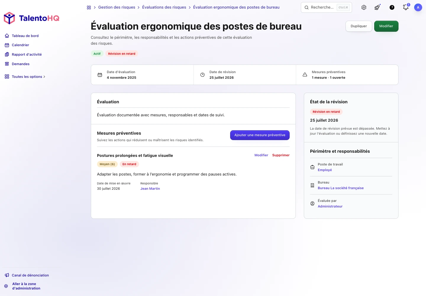 Détail d’une évaluation des risques dans TalentoHQ avec mesure, responsable et révision en retard