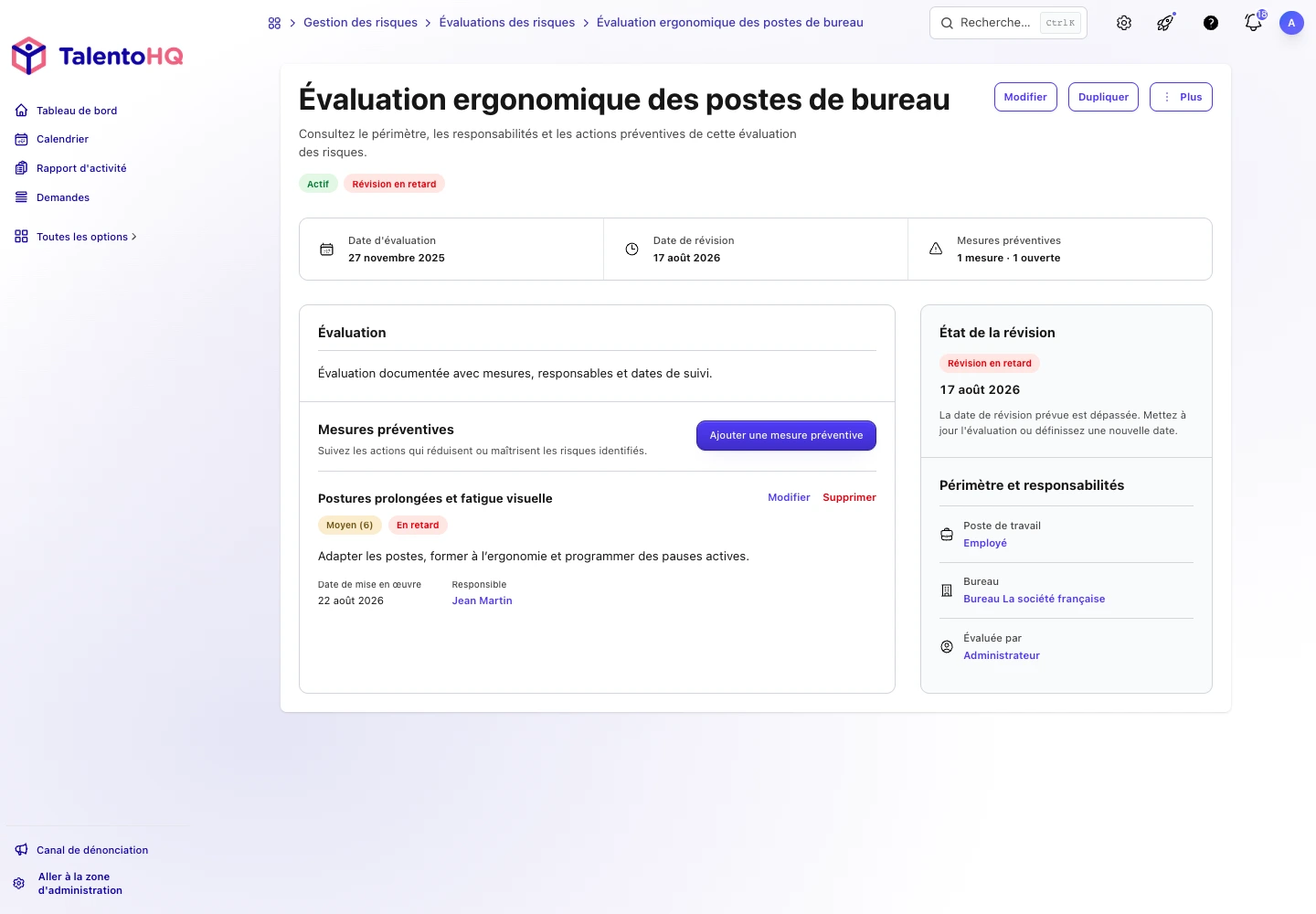 Détail d’une évaluation des risques dans TalentoHQ avec mesure, responsable et révision en retard