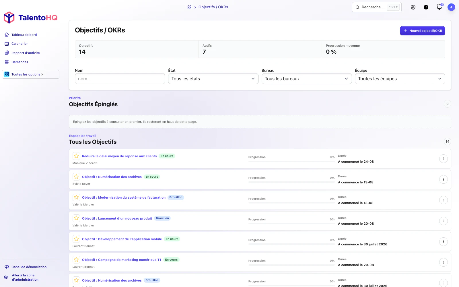 Objectifs et OKR dans l’interface française de TalentoHQ