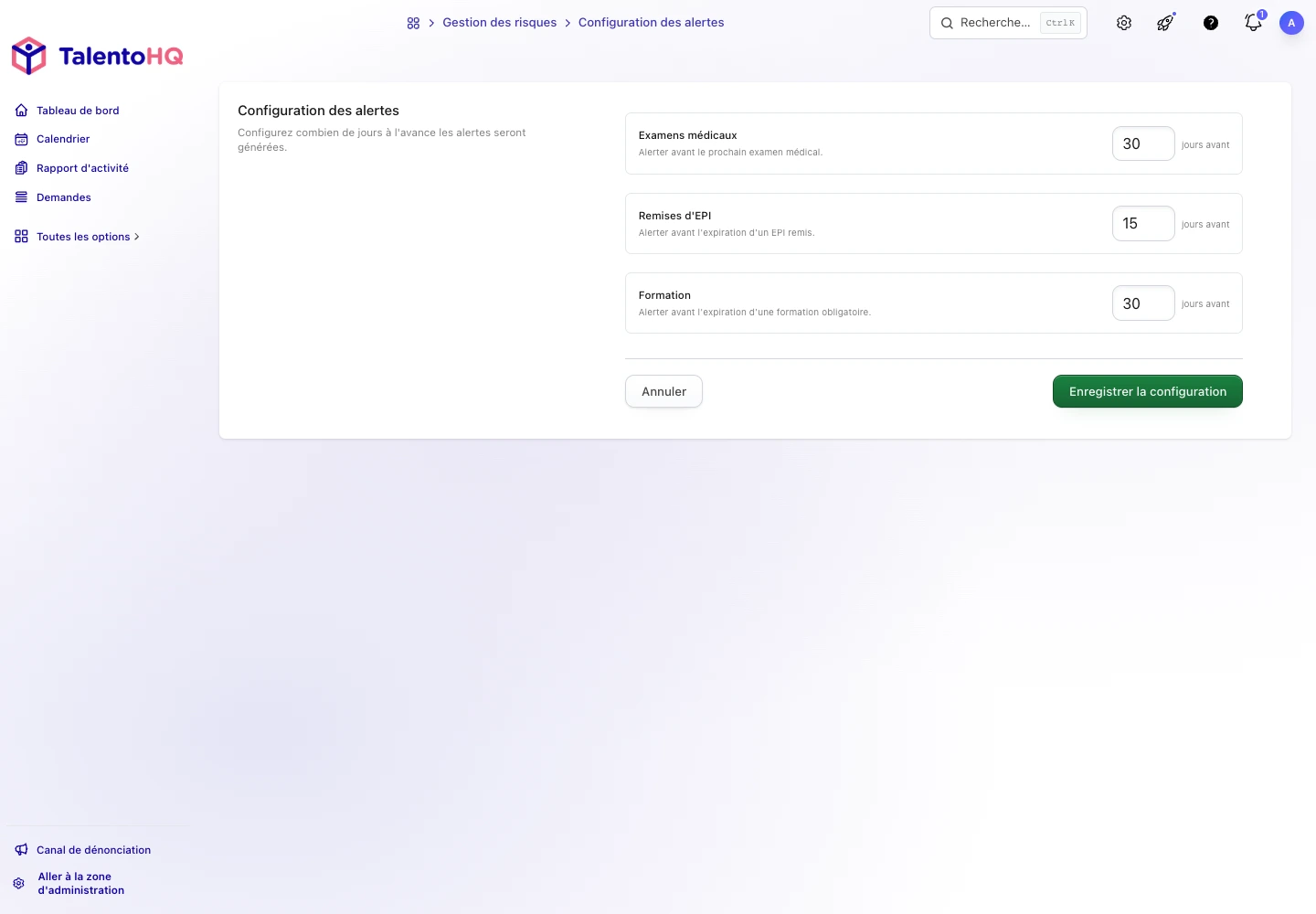 Paramétrage du délai pour les examens, les EPI et la formation dans TalentoHQ