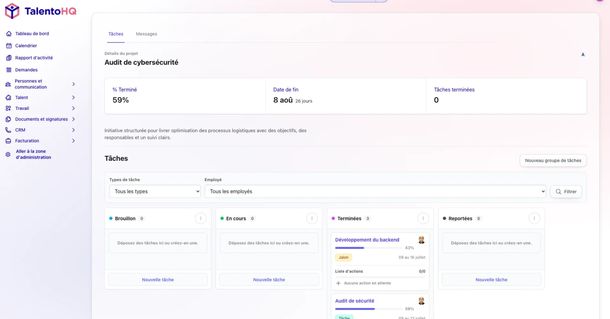 Projet avec tâches, responsables et suivi dans TalentoHQ