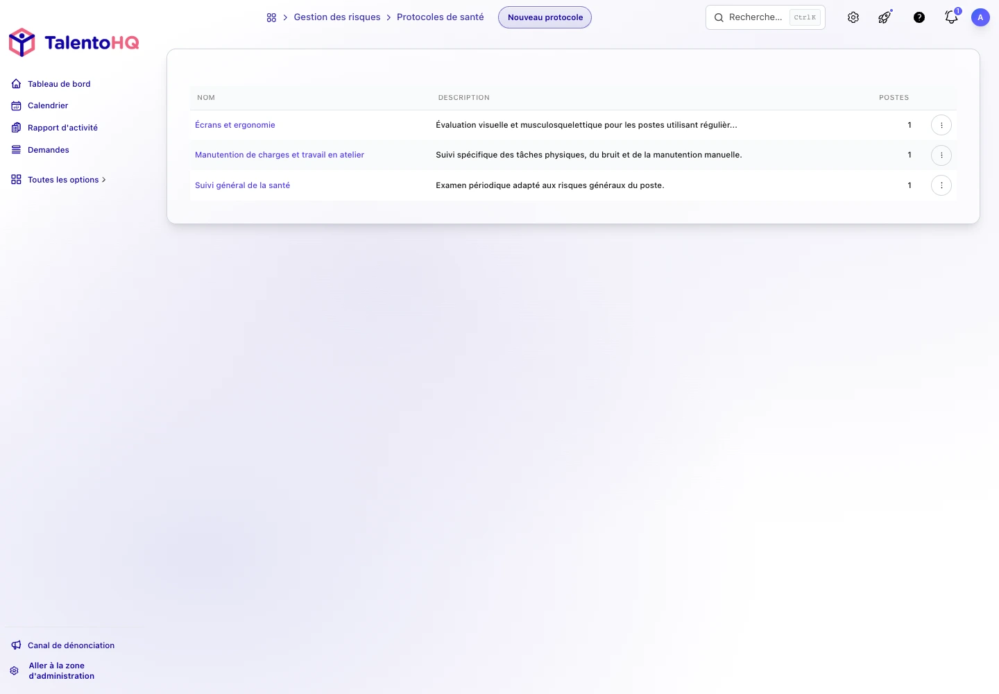 Protocoles de santé dans TalentoHQ associés aux postes et aux risques professionnels